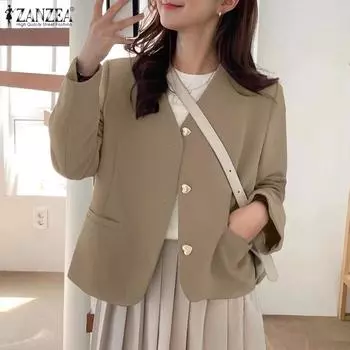 ZANZEA Женский повседневный кардиган с v-образным вырезом и длинными рукавами, блейзер, верхняя одежда S хаки