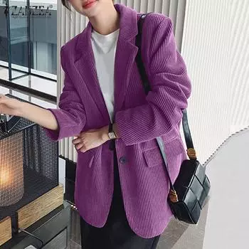 ZANZEA Женский повседневный кардиган с зазубренными лацканами и длинным рукавом, вельветовый пиджак S чёрный