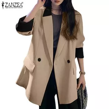 ZANZEA Женский повседневный кардиган с зубчатыми лацканами и длинными рукавами, тонкая верхняя одежда S темно-синий