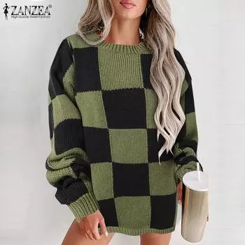ZANZEA Женский повседневный клетчатый джемпер с длинным рукавом, вязаный свитер M зелёный
