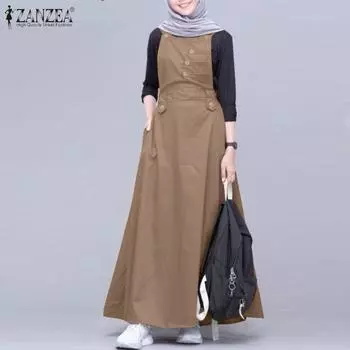 ZANZEA Женский повседневный комбинезон без рукавов с круглым вырезом в стиле ретро с подтяжками, платье S хаки