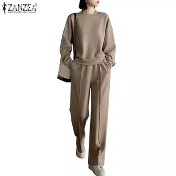 ZANZEA Женский повседневный комплект из блузки и брюк на осень из двух частей 3XL чёрный