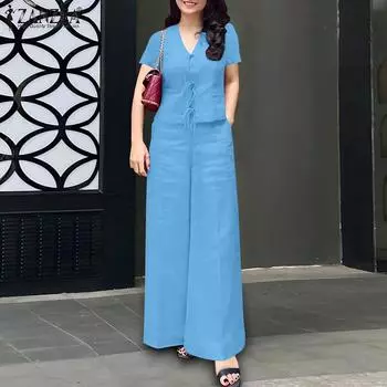 ZANZEA Женский повседневный комплект из двух частей: блузка с коротким рукавом и брюки S розовый