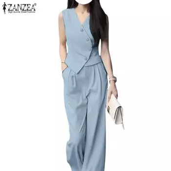 ZANZEA Женский повседневный комплект из двух предметов: жилет без рукавов и брюки S темно-синий