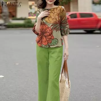ZANZEA Женский повседневный комплект из однотонных брюк с круглым вырезом и коротким рукавом с цветочным принтом 4XL зелёный