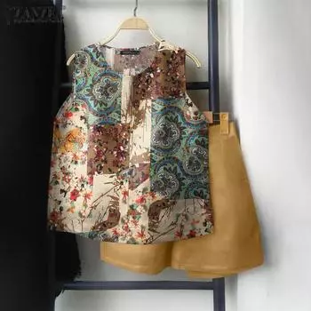 ZANZEA Женский повседневный комплект из однотонных свободных шорт с V-образным вырезом и без рукавов с принтом S темно-синий