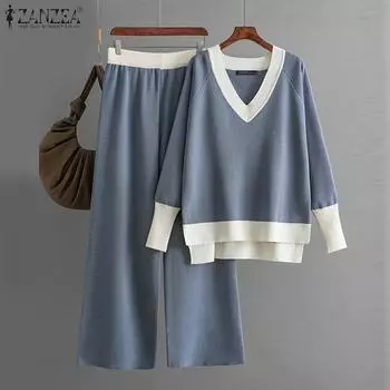 ZANZEA Женский повседневный комплект из свитера с длинным рукавом и широкими брюками контрастного цвета S темно-зеленого