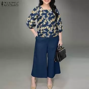 ZANZEA Женский повседневный комплект из топа и брюк с круглым вырезом и рукавом 3/4 S темно-синий
