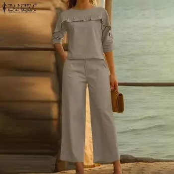 ZANZEA Женский повседневный комплект из топа и брюк с оборками и круглым вырезом, рукавом 3/4 M зелёный