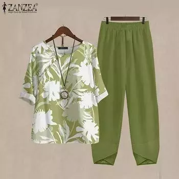 ZANZEA Женский повседневный комплект из топа и брюк с V-образным вырезом и рукавом 3/4 с цветочным принтом S розовый