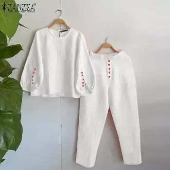 ZANZEA Женский повседневный комплект из топа с круглым вырезом и рукавом 3/4, прямых брюк S белый