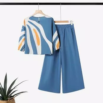 ZANZEA Женский повседневный костюм-двойка: блузка с рукавом 3/4 и принтом и брюки S синий