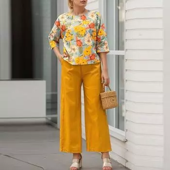 ZANZEA Женский повседневный костюм-двойка: блузка с рукавом 3/4 и принтом и брюки S