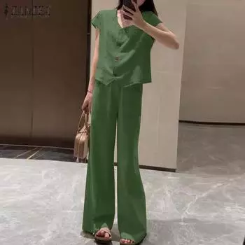 ZANZEA Женский повседневный костюм из двух частей с коротким рукавом и брюками M зелёный