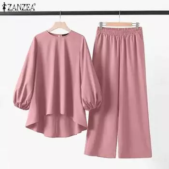 ZANZEA Женский повседневный костюм из двух частей с высоким и низким подолом и брюками S хаки