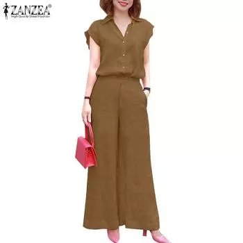 ZANZEA Женский повседневный костюм из двух частей с коротким рукавом и брюками XL бежевый