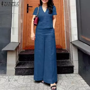 ZANZEA Женский повседневный костюм из двух частей с коротким рукавом и брюками S