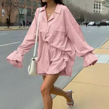 ZANZEA Женский Блузка с длинным рукавом и шорты Повседневные комплекты-двойки S хаки