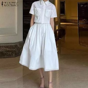 ZANZEA Женская рубашка с коротким рукавом и юбка-трапеция, повседневный костюм из двух предметов M