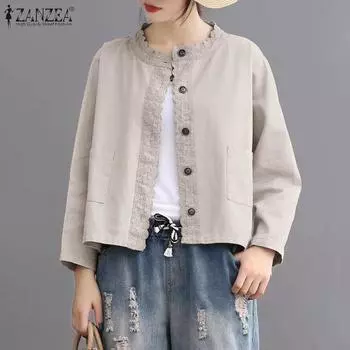 ZANZEA Женская повседневная кружевная блузка-кардиган с рукавом девять четвертей в стиле пэчворк L бежевый