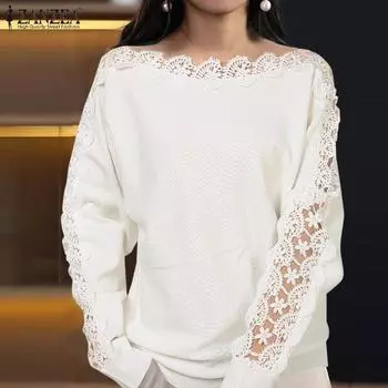 ZANZEA Женский повседневный кружевной вязаный крючком сращивающийся длинный рукав вязаный свитер M белый