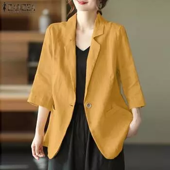 ZANZEA Женский повседневный летний кардиган с отложным воротником и рукавами 3/4, хлопковая верхняя одежда M чёрный