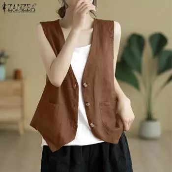 ZANZEA Женский повседневный однотонный жилет без рукавов с v-образным вырезом 4XL чёрный