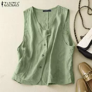 ZANZEA Женский повседневный однотонный жилет без рукавов с v-образным вырезом S зелёный