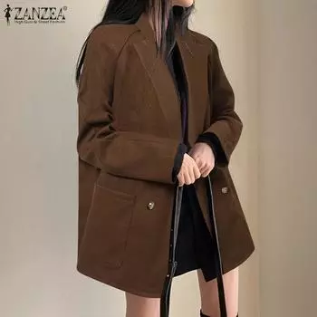 ZANZEA Женский повседневный осенний кардиган с зубчатыми лацканами и длинными рукавами, верхняя одежда
