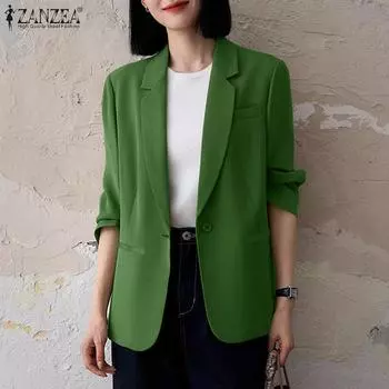 ZANZEA Женский повседневный отложной воротник с рукавом 3/4 Тонкий кардиган Верхняя одежда S зелёный