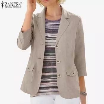 ZANZEA Женский повседневный отложной воротник свободный кардиган с рукавом 3/4 тонкая верхняя одежда S коричневый