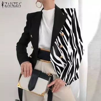 ZANZEA Женский повседневный пиджак с длинным рукавом в стиле пэчворк с принтом зебры S синий