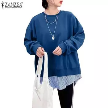 ZANZEA Женский повседневный полосатый пэчворк с длинным рукавом Осенний пуловер Топы S серый