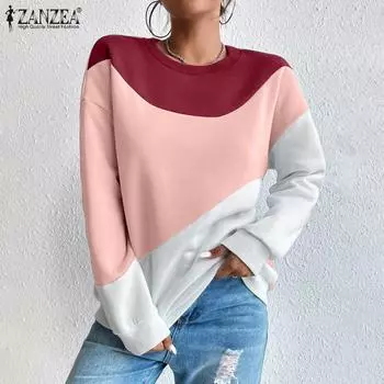 ZANZEA Женский повседневный пуловер с круглым вырезом и длинными рукавами в стиле пэчворк, блузка S светло-синий