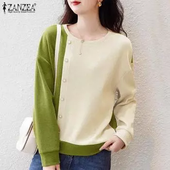 ZANZEA Женский повседневный пуловер с круглым вырезом и длинными рукавами в стиле пэчворк, блузка XL зелёный