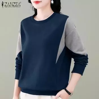 ZANZEA Женский повседневный пуловер с круглым вырезом и длинным рукавом в стиле пэчворк S коричневый