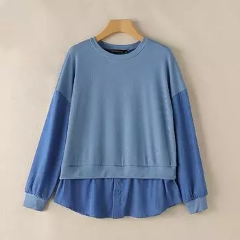 ZANZEA Женский повседневный пуловер с круглым вырезом и длинными рукавами в стиле пэчворк, блузка 4XL синий