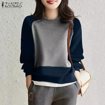 ZANZEA Женский повседневный пуловер с круглым вырезом и длинным рукавом в стиле пэчворк 4XL зелёный