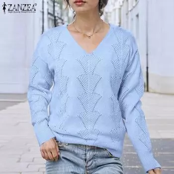 ZANZEA Женский повседневный свитер с длинным рукавом и ажурным узором M синий