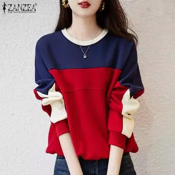 ZANZEA Женский повседневный свитер с круглым вырезом и длинным рукавом в стиле пэчворк на осень 3XL красный
