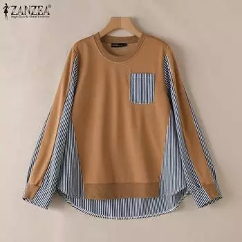 ZANZEA Женский повседневный свитер с круглым вырезом и длинными рукавами в полоску в стиле пэчворк S темно-синий