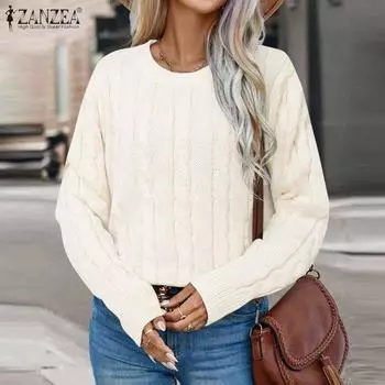 ZANZEA Женский повседневный свитер с круглым вырезом и длинными рукавами L белый
