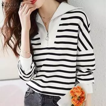 ZANZEA Женский повседневный свитер с V-образным вырезом и длинным рукавом в полоску S чёрный