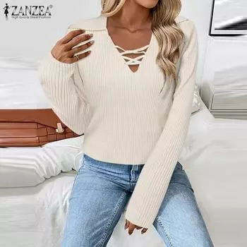 ZANZEA Женский повседневный свитер с V-образным вырезом и длинным рукавом на осень M чёрный