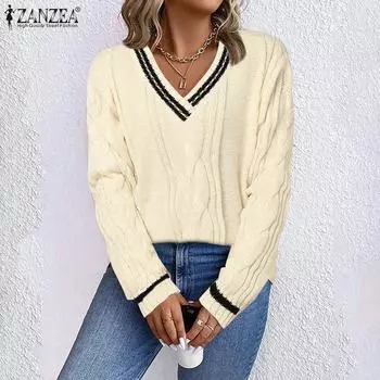 ZANZEA Женский повседневный свитер с V-образным вырезом и длинными рукавами, вязаный свитер M синий