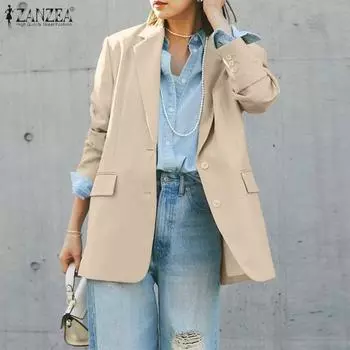 ZANZEA Женский повседневный свободный кардиган с заостренными лацканами и длинным рукавом S темно-синий