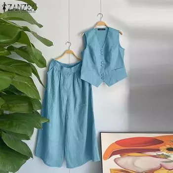 ZANZEA Женский повседневный свободный топ без рукавов с V-образным вырезом и пуговицами, эластичный пояс, широкие брюки 4XL белый