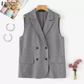 ZANZEA Женский повседневный свободный жилет-кардиган без рукавов с зазубренными лацканами S чёрный