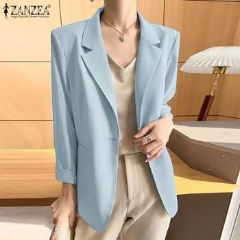 ZANZEA Женский повседневный тонкий кардиган с длинным рукавом и отложным воротником, блейзер S чёрный