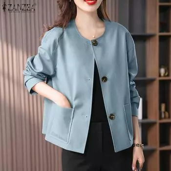 ZANZEA Женский повседневный тонкий кардиган с круглым вырезом на пуговицах и длинными рукавами, верхняя одежда M хаки